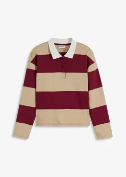 bonprix Bekleidung·Blusen & Tuniken|Sweat|Poloshirt aus reiner Bio-Baumwolle pflaumenrot/grünbeige quer gestreift