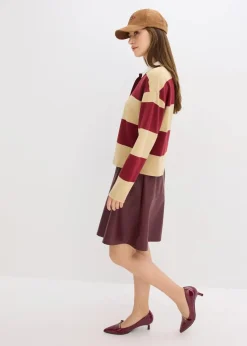 bonprix Bekleidung·Blusen & Tuniken|Sweat|Poloshirt aus reiner Bio-Baumwolle pflaumenrot/grünbeige quer gestreift