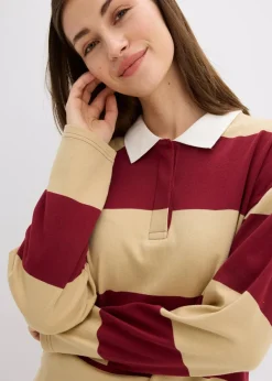 bonprix Bekleidung·Blusen & Tuniken|Sweat|Poloshirt aus reiner Bio-Baumwolle pflaumenrot/grünbeige quer gestreift