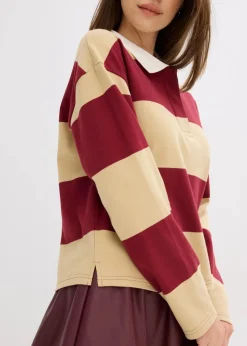 bonprix Bekleidung·Blusen & Tuniken|Sweat|Poloshirt aus reiner Bio-Baumwolle pflaumenrot/grünbeige quer gestreift