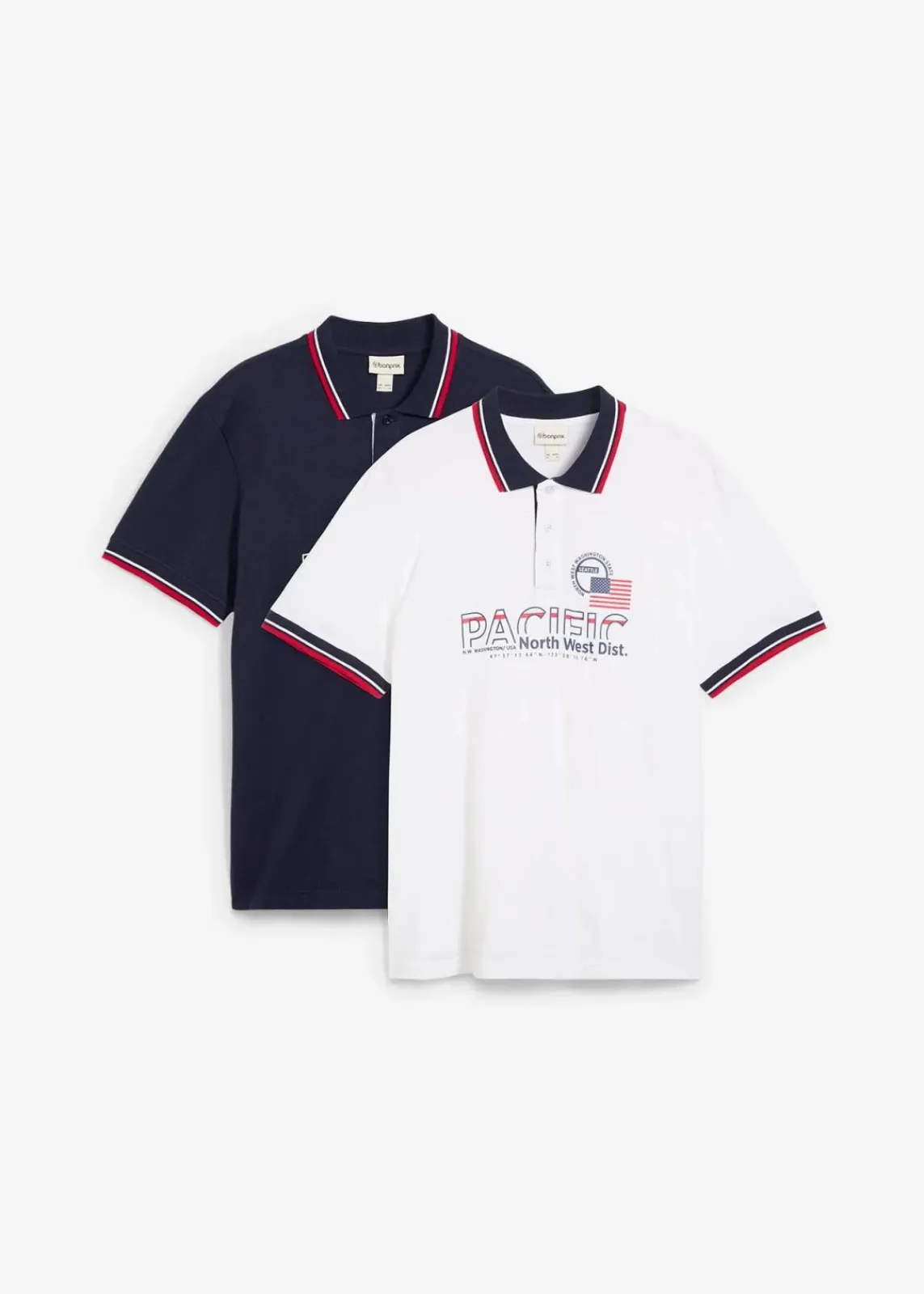 bonprix Große Größen|Shirts & Polos|Poloshirt, Kurzarm aus reiner Bio-Baumwolle (2er Pack) dunkelblau+weiß bedruckt