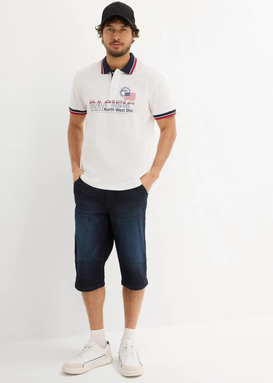 bonprix Große Größen|Shirts & Polos|Poloshirt, Kurzarm aus reiner Bio-Baumwolle (2er Pack) dunkelblau+weiß bedruckt