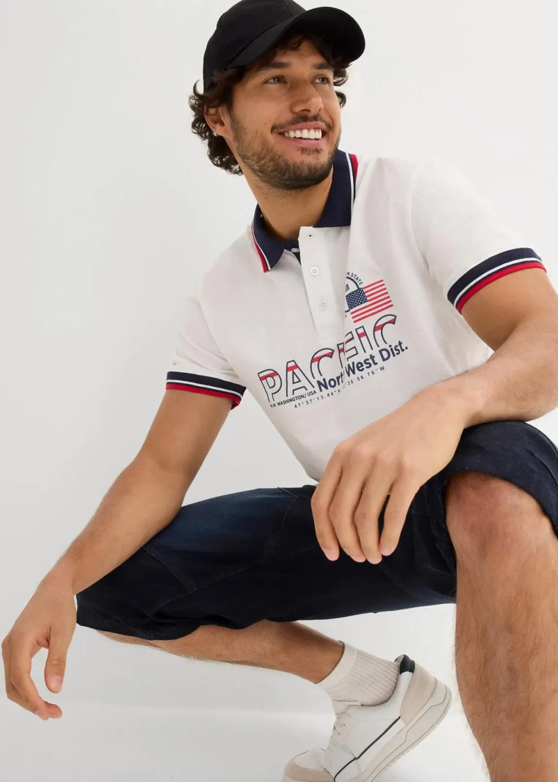 bonprix Große Größen|Shirts & Polos|Poloshirt, Kurzarm aus reiner Bio-Baumwolle (2er Pack) dunkelblau+weiß bedruckt