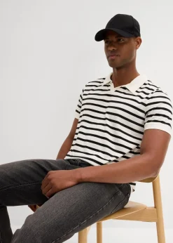 bonprix Shirts & Polos|Große Größen|Poloshirt mit Bio-Baumwolle wollweiß/schwarz gestreift