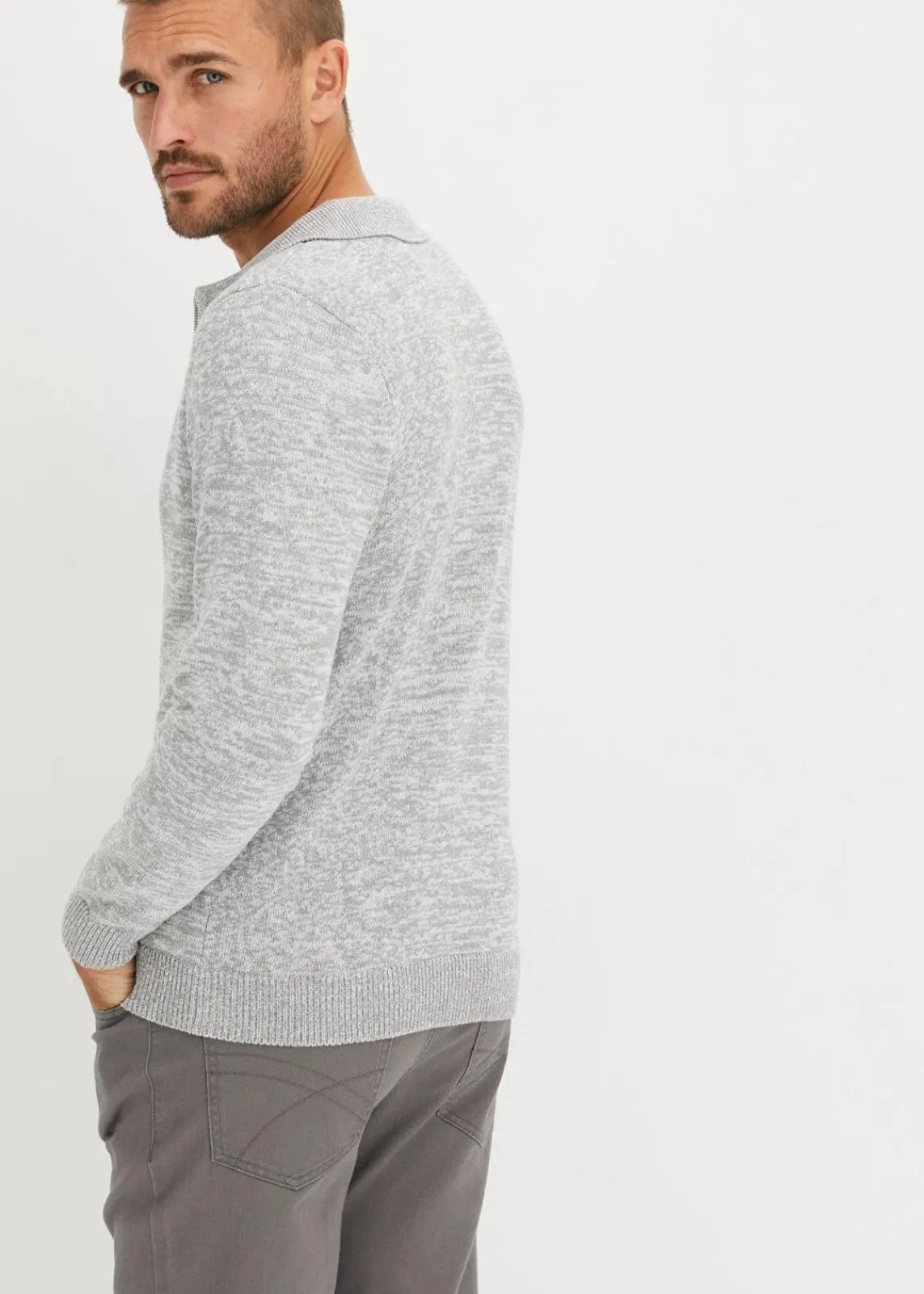 bonprix Große Größen|Pullover & Strickjacken|Polo-Strickjacke mit Reißverschluss und recycelter Baumwolle grau meliert