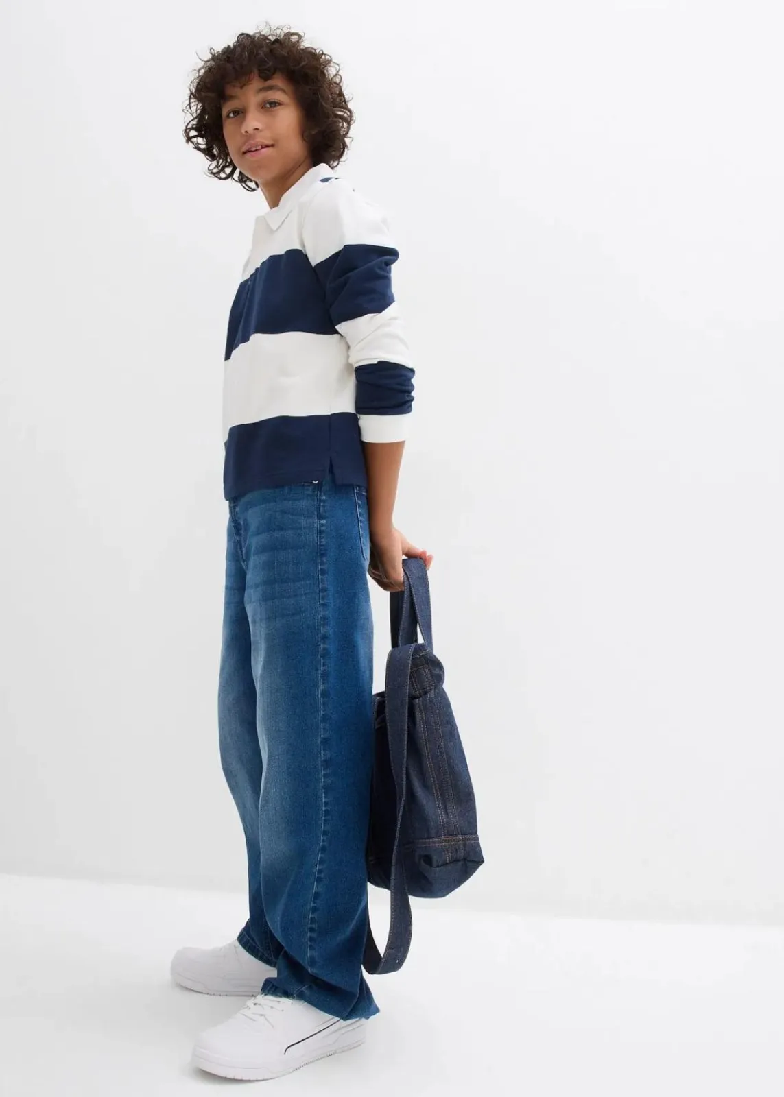 bonprix Jungen 9-16 Jahre·Bademode|Jungen 9-16 Jahre·Sweat & Strick|Polo-Sweatshirt aus reiner Bio-Baumwolle dunkelblau/wollweiß gestreift