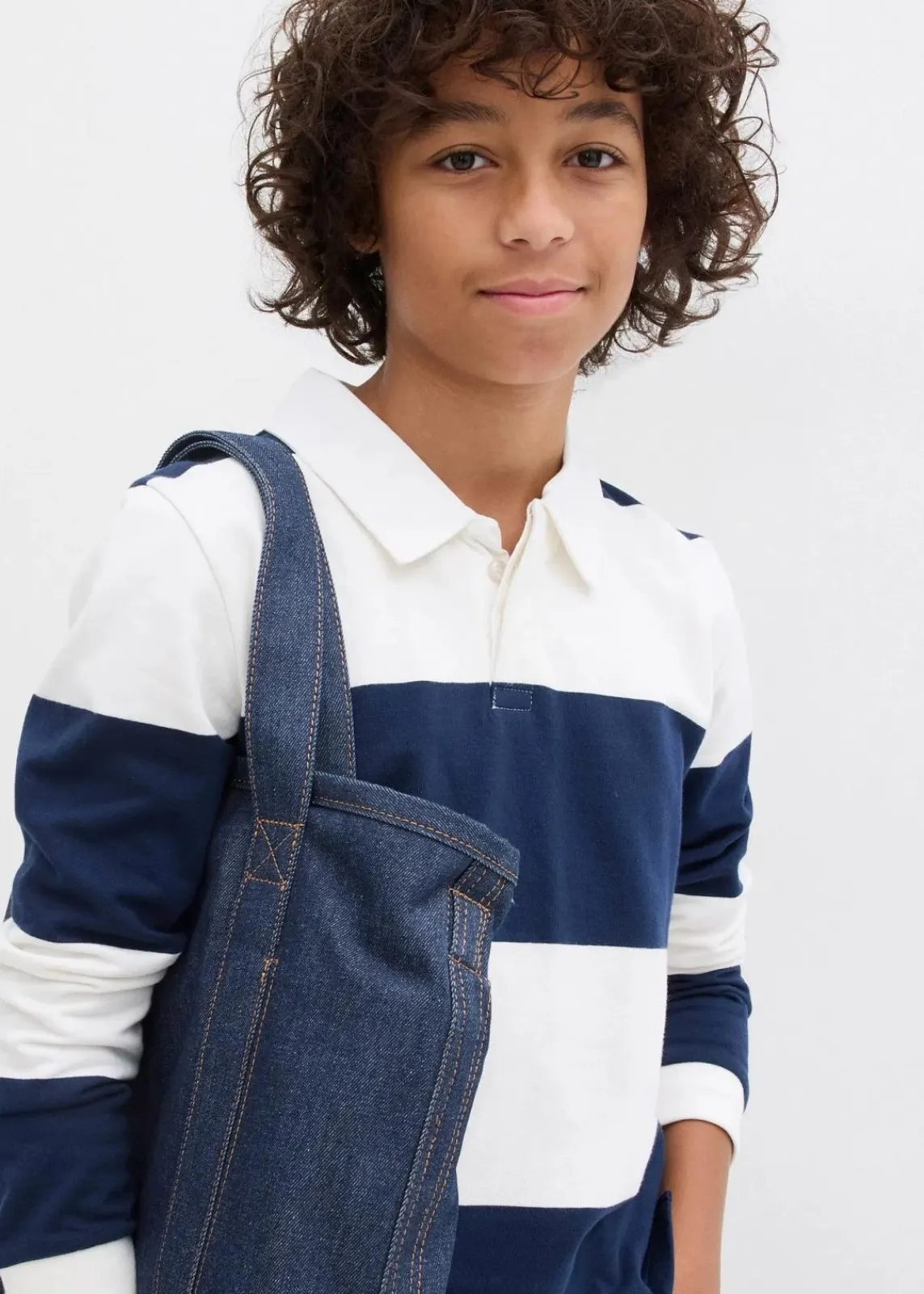 bonprix Jungen 9-16 Jahre·Bademode|Jungen 9-16 Jahre·Sweat & Strick|Polo-Sweatshirt aus reiner Bio-Baumwolle dunkelblau/wollweiß gestreift