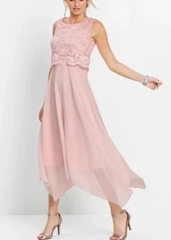 bonprix Kleider|Festliche Mode|Premium Chiffonkleid mit Spitze zartrosa