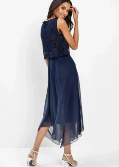 bonprix Kurzgrößen|Bekleidung·Pullover & Strickjacken|Premium Chiffonkleid mit Spitze dunkelblau