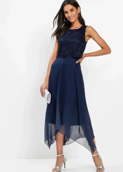 bonprix Kurzgrößen|Bekleidung·Pullover & Strickjacken|Premium Chiffonkleid mit Spitze dunkelblau