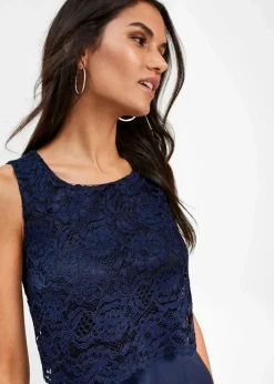 bonprix Kurzgrößen|Bekleidung·Pullover & Strickjacken|Premium Chiffonkleid mit Spitze dunkelblau