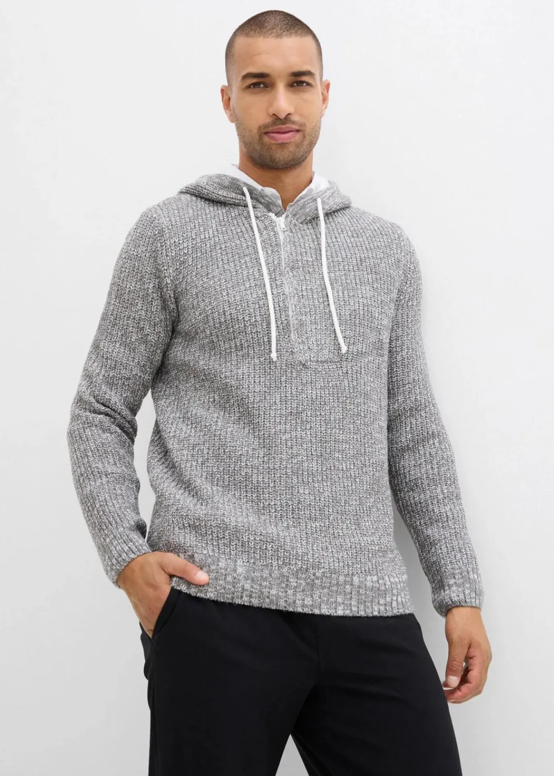 bonprix Pullover & Strickjacken|Große Größen|Pullover mit Kapuze hellgrau meliert