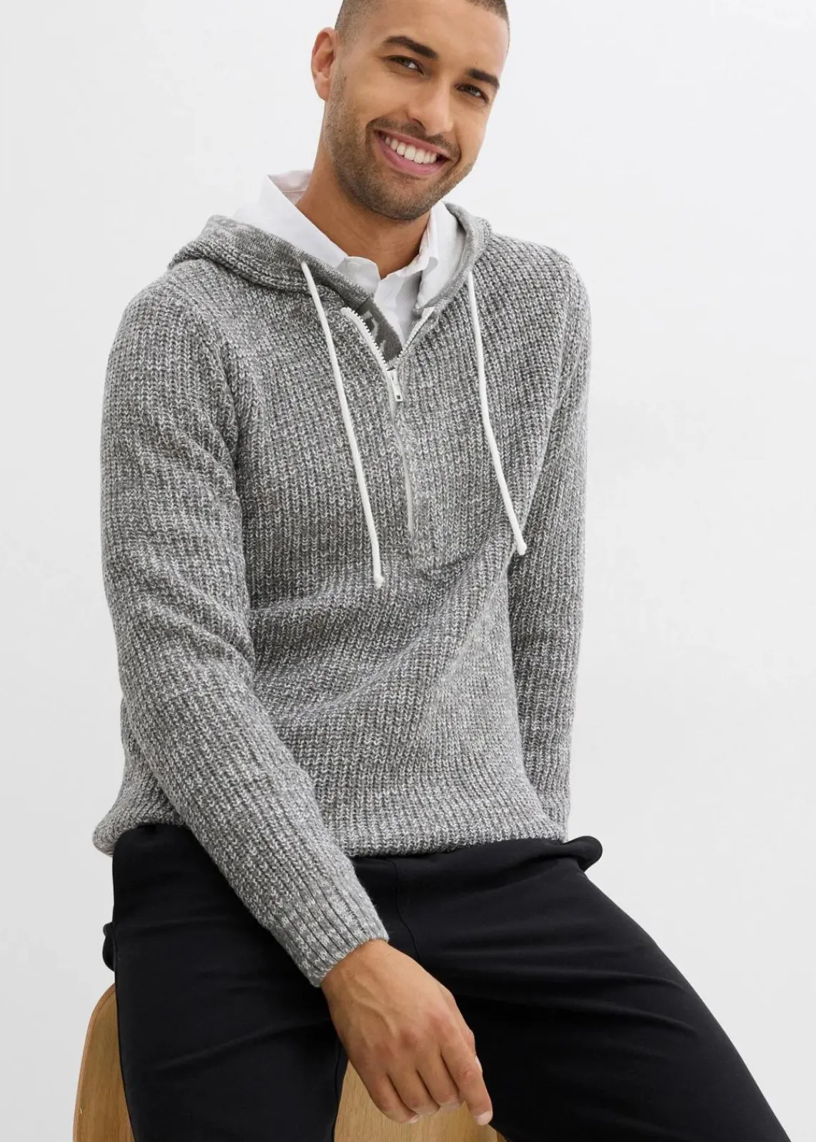 bonprix Pullover & Strickjacken|Große Größen|Pullover mit Kapuze hellgrau meliert