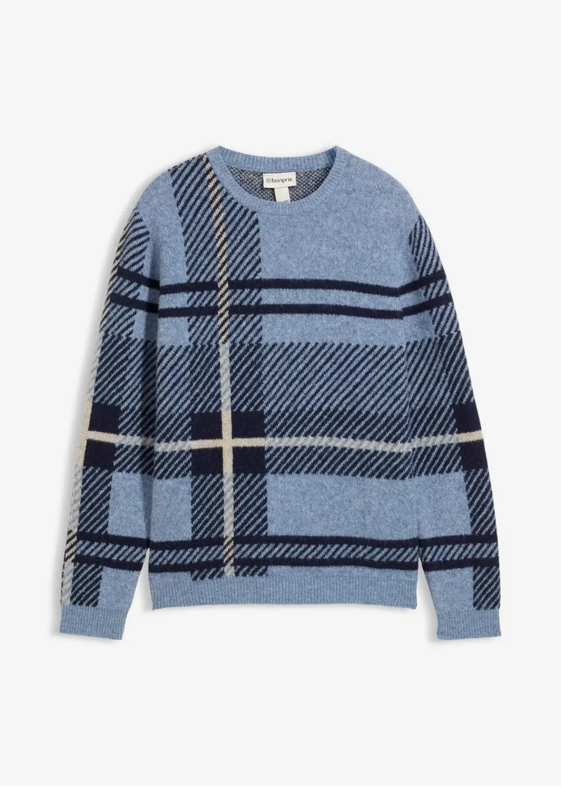 bonprix Große Größen|Pullover & Strickjacken|Pullover mit Karomuster beige/blau/dunkelblau kariert