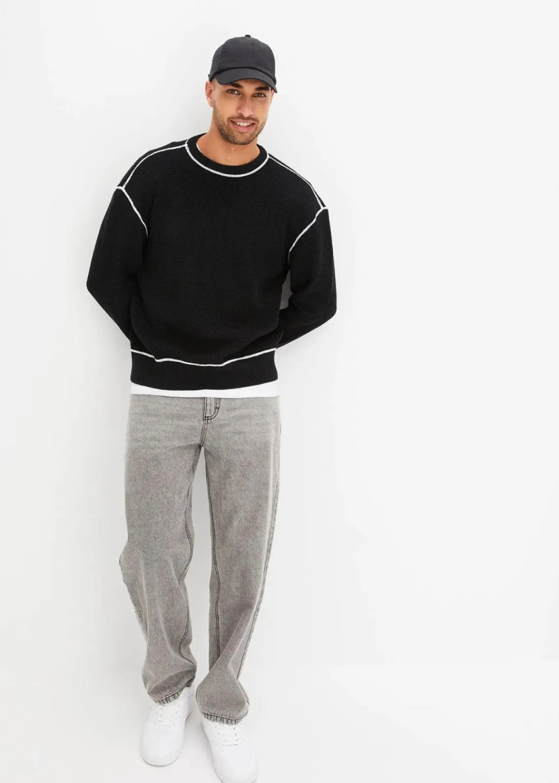 bonprix Große Größen|Pullover & Strickjacken|Pullover mit recycelter Baumwolle, Loose Fit schwarz/weiß