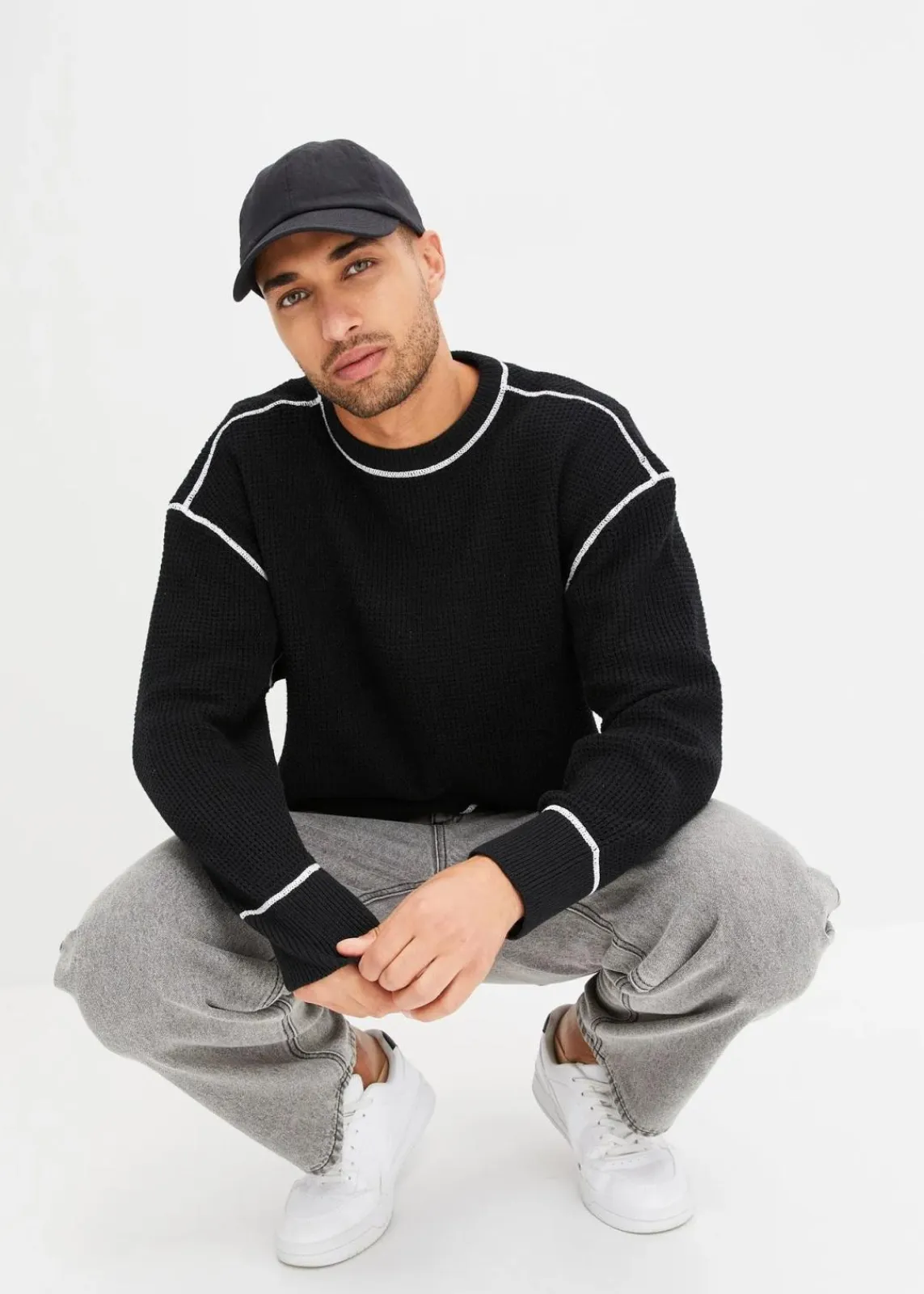 bonprix Große Größen|Pullover & Strickjacken|Pullover mit recycelter Baumwolle, Loose Fit schwarz/weiß