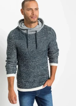 bonprix Große Größen|Pullover & Strickjacken|Pullover mit Schalkragen und Kontrastdetails dunkelblau/wollweiß meliert