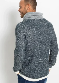 bonprix Große Größen|Pullover & Strickjacken|Pullover mit Schalkragen und Kontrastdetails dunkelblau/wollweiß meliert