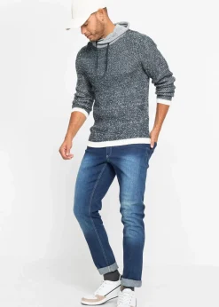 bonprix Große Größen|Pullover & Strickjacken|Pullover mit Schalkragen und Kontrastdetails dunkelblau/wollweiß meliert