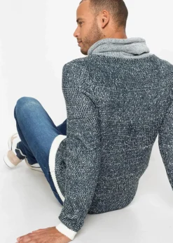 bonprix Große Größen|Pullover & Strickjacken|Pullover mit Schalkragen und Kontrastdetails dunkelblau/wollweiß meliert