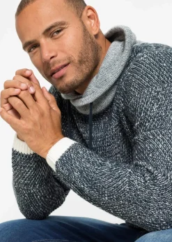 bonprix Große Größen|Pullover & Strickjacken|Pullover mit Schalkragen und Kontrastdetails dunkelblau/wollweiß meliert