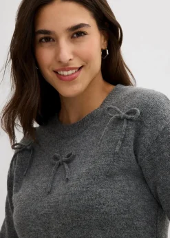 bonprix Pullover & Strickjacken|Strickmode|Pullover mit Schleifen anthrazit meliert