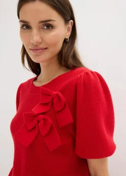 bonprix Pullover & Strickjacken|Strickmode|Pullover mit Schleifen-Applikation salsarot
