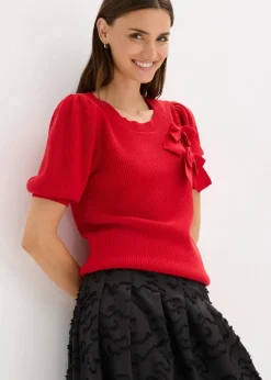 bonprix Pullover & Strickjacken|Strickmode|Pullover mit Schleifen-Applikation salsarot
