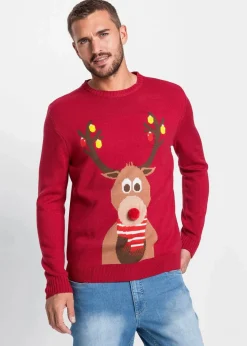 bonprix Pullover & Strickjacken|Große Größen|Pullover mit Weihnachtsmotiv dunkelrot