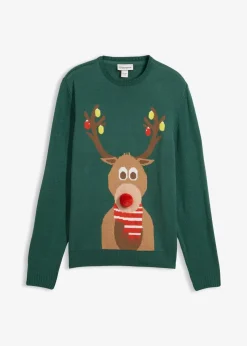 bonprix Große Größen|Pullover & Strickjacken|Pullover mit Weihnachtsmotiv tiefgrün