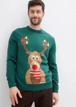 bonprix Große Größen|Pullover & Strickjacken|Pullover mit Weihnachtsmotiv tiefgrün