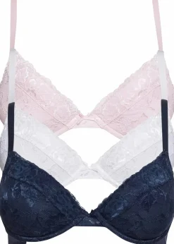bonprix Große Cups D-H|Nachhaltigere Materialien|Push-up-BH mit feiner Spitze (3er Pack) dunkelblau + zartrosa + weiß