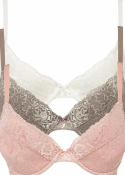 bonprix Große Cups D-H|Nachhaltigere Materialien|Push-up-BH mit feiner Spitze (3er Pack) ecru + taupe + rosé