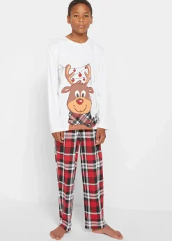 bonprix Jungen·Nachtwäsche|Mädchen·Nachtwäsche|Pyjama (2-tlg. Set) wollweiß/rot kariert