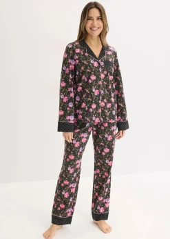 bonprix Wäsche·Nachtwäsche|Nachtwäsche|Pyjama aus reiner Baumwolle schwarz geblümt/gepunktet