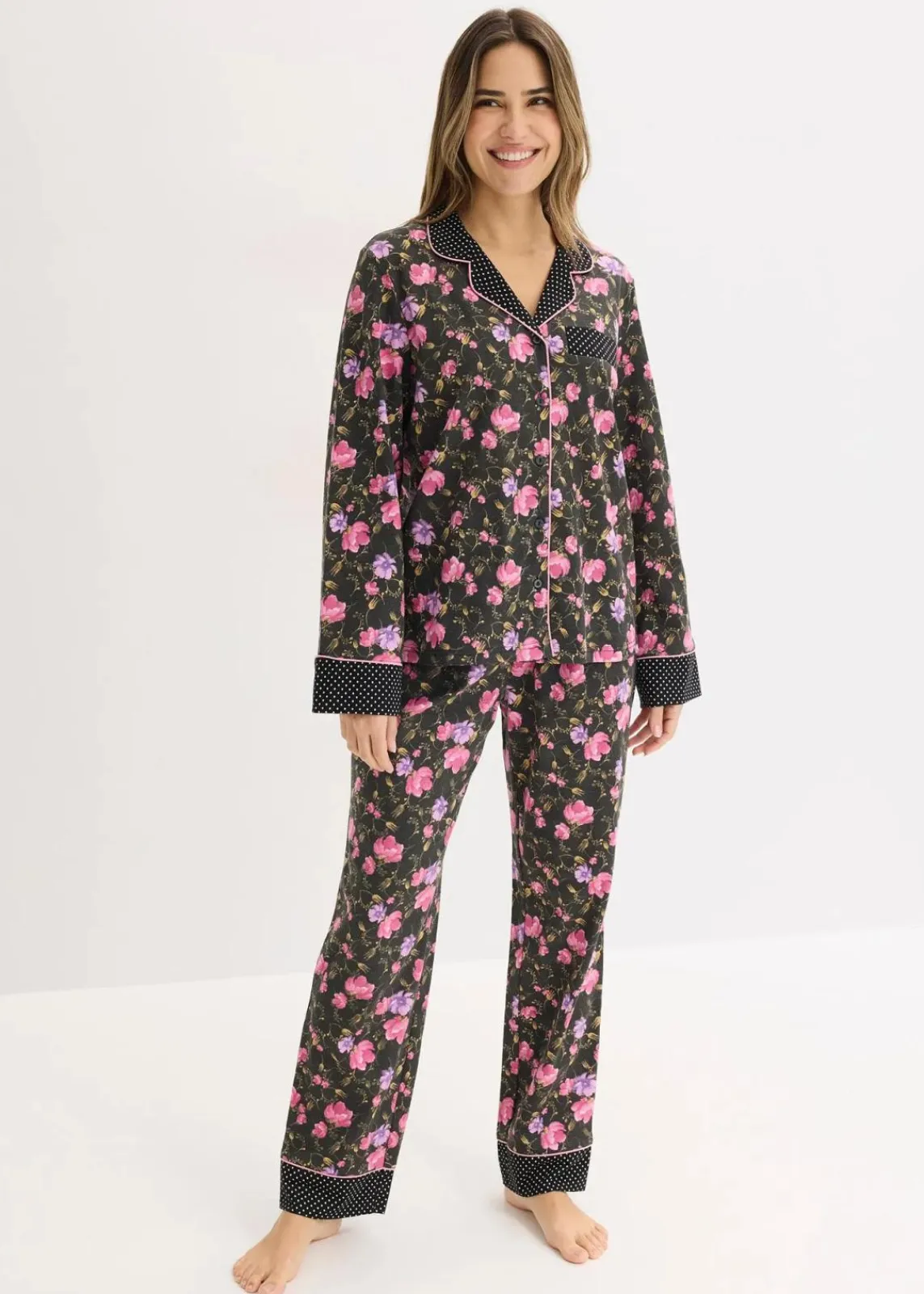 bonprix Wäsche·Nachtwäsche|Nachtwäsche|Pyjama aus reiner Baumwolle schwarz geblümt/gepunktet