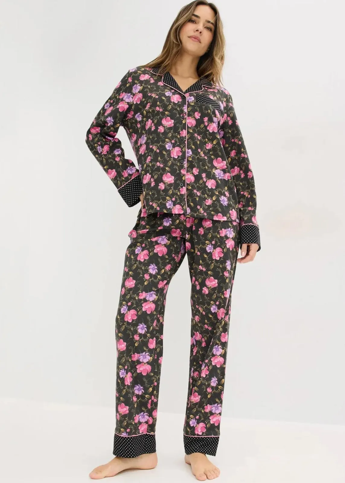 bonprix Wäsche·Nachtwäsche|Nachtwäsche|Pyjama aus reiner Baumwolle schwarz geblümt/gepunktet