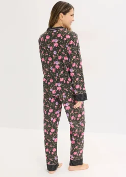bonprix Wäsche·Nachtwäsche|Nachtwäsche|Pyjama aus reiner Baumwolle schwarz geblümt/gepunktet