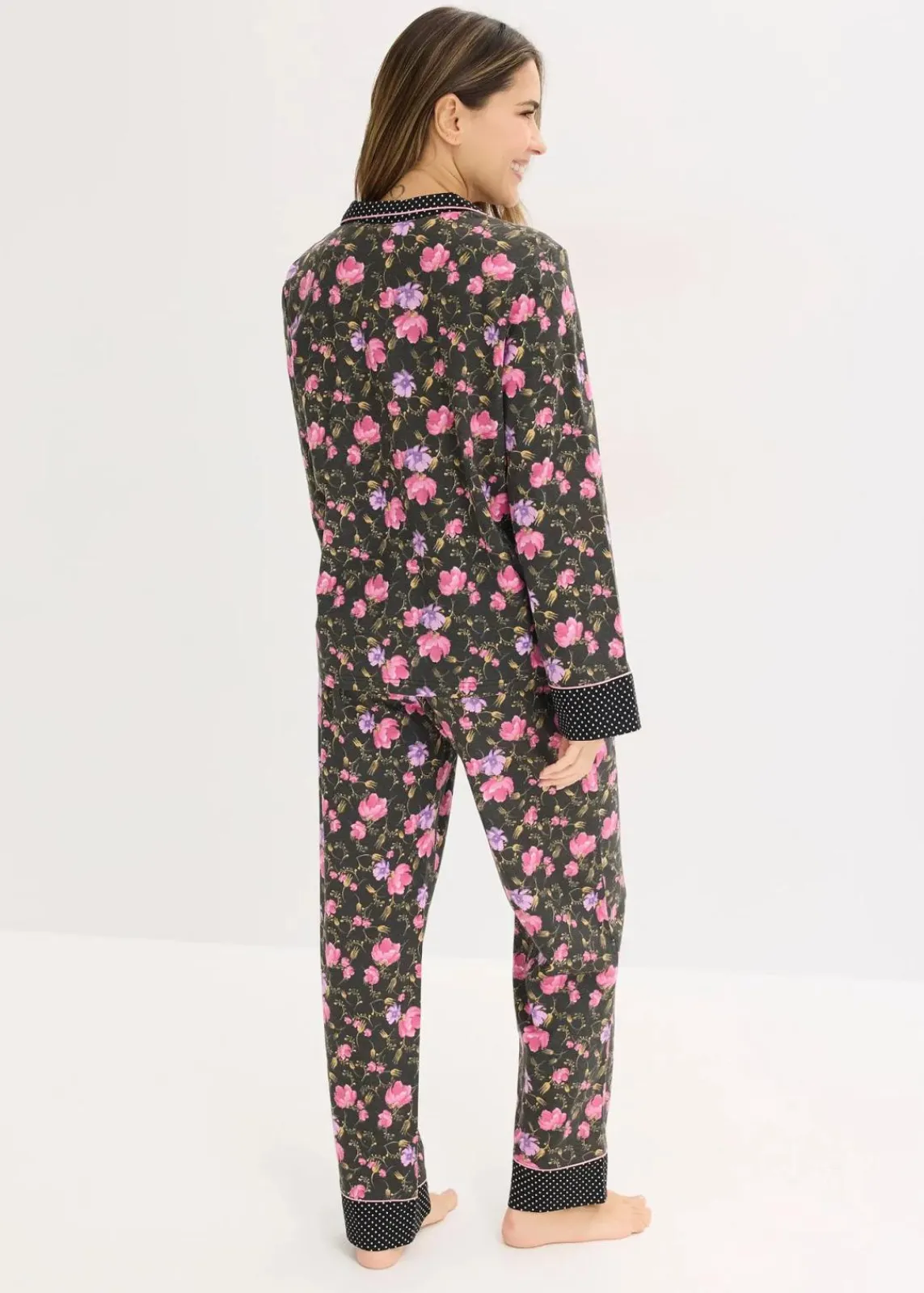 bonprix Wäsche·Nachtwäsche|Nachtwäsche|Pyjama aus reiner Baumwolle schwarz geblümt/gepunktet