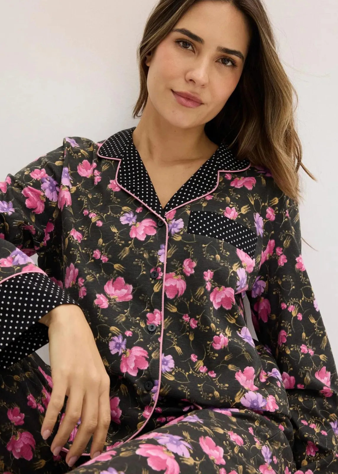 bonprix Wäsche·Nachtwäsche|Nachtwäsche|Pyjama aus reiner Baumwolle schwarz geblümt/gepunktet