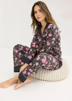 bonprix Wäsche·Nachtwäsche|Nachtwäsche|Pyjama aus reiner Baumwolle schwarz geblümt/gepunktet