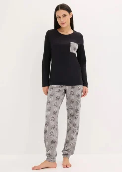 bonprix Wäsche·Nachtwäsche|Nachtwäsche|Pyjama aus reiner Baumwolle schwarz/grau bedruckt