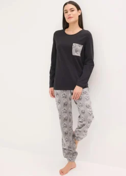 bonprix Wäsche·Nachtwäsche|Nachtwäsche|Pyjama aus reiner Baumwolle schwarz/grau bedruckt