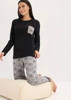 bonprix Wäsche·Nachtwäsche|Nachtwäsche|Pyjama aus reiner Baumwolle schwarz/grau bedruckt