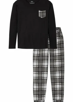bonprix Pyjamas|Große Größen|Pyjama aus reiner Baumwolle schwarz/grau kariert