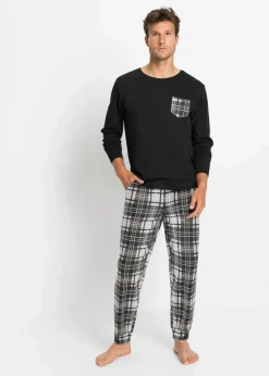 bonprix Pyjamas|Große Größen|Pyjama aus reiner Baumwolle schwarz/grau kariert