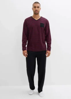 bonprix Wäsche|Große Größen|Pyjama aus reiner Baumwolle mit langen Ärmeln schwarz/beere geringelt