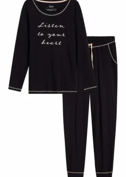 bonprix Wäsche·Nachtwäsche|Nachtwäsche|Pyjama aus reiner Baumwolle schwarz/pfirsichrosa