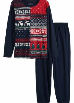 bonprix Pyjamas|Große Größen|Pyjama aus reiner Baumwolle mit langen Ärmeln dunkelblau gemustert
