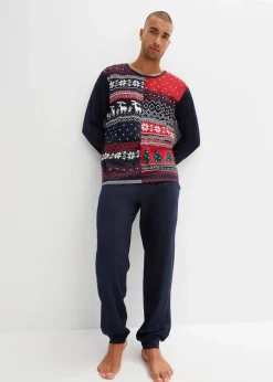 bonprix Pyjamas|Große Größen|Pyjama aus reiner Baumwolle mit langen Ärmeln dunkelblau gemustert